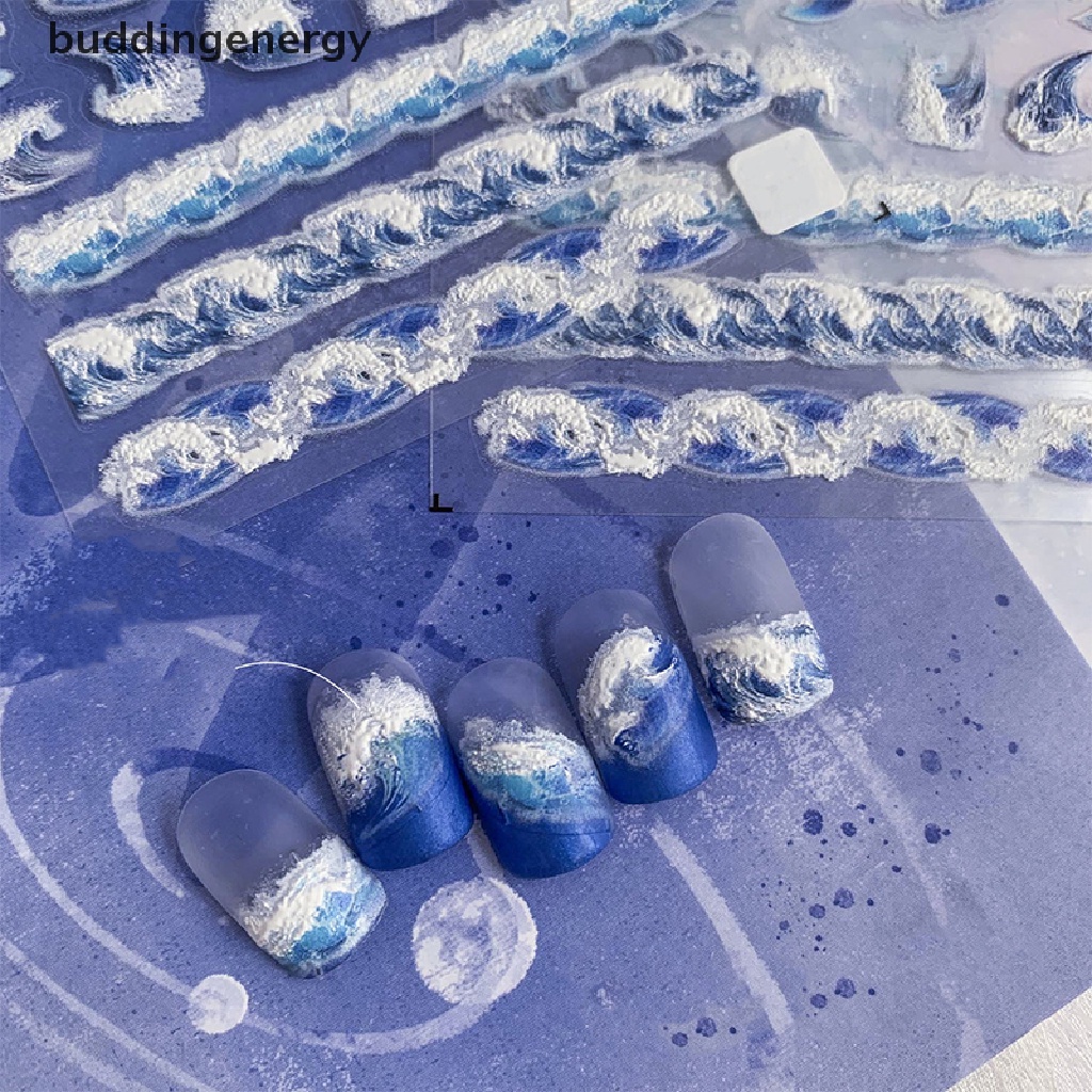 Miếng Dán Mềm Mại Dập Nổi Hình Sóng Biển Trắng Xanh 5D Trang Trí Móng Nghệ Thuật