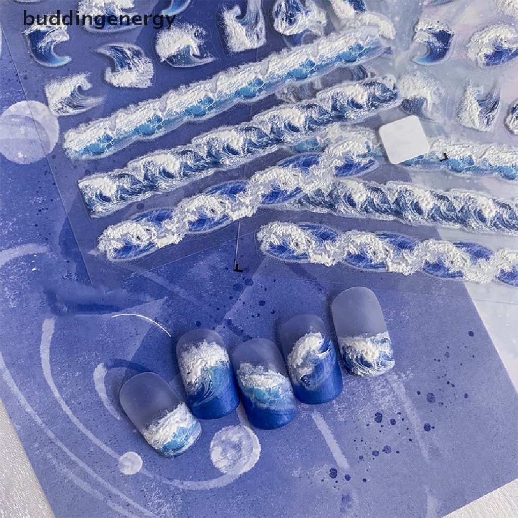 Miếng Dán Mềm Mại Dập Nổi Hình Sóng Biển Trắng Xanh 5D Trang Trí Móng Nghệ Thuật