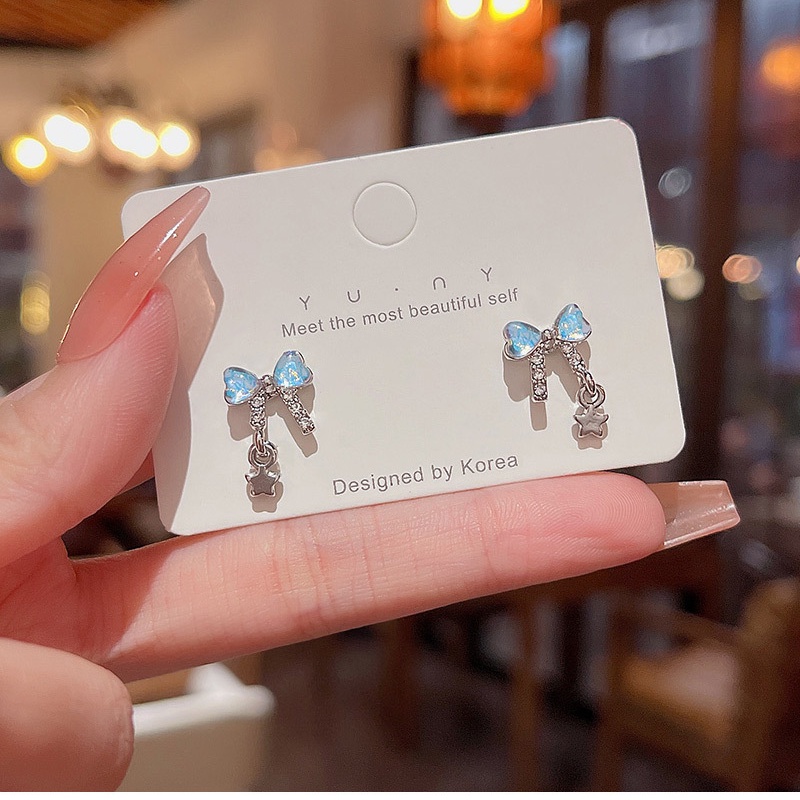 Bông Tai Hình Chiếc Nơ Màu Xanh Dương Thời Trang Hàn Quốc 2023 Dành Cho Tuổi Teen