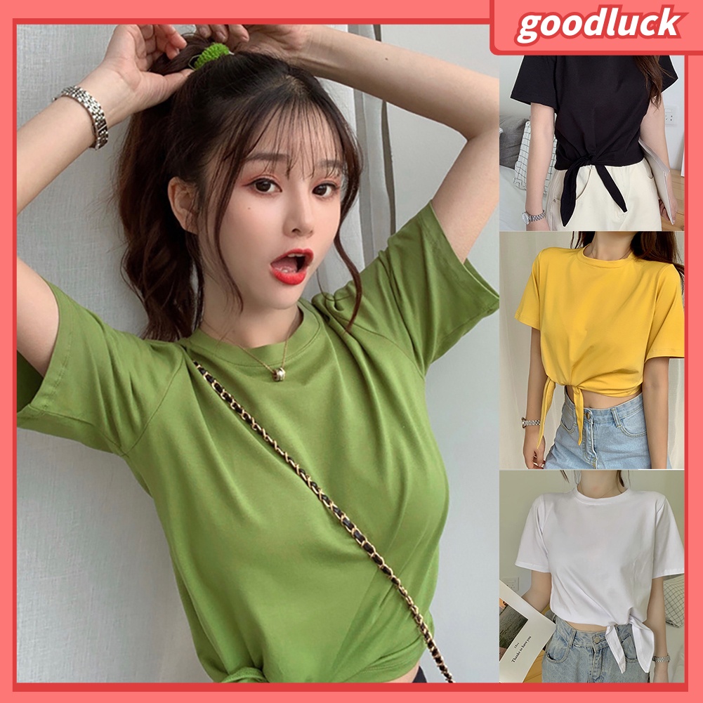 Áo Thun Tay Ngắn Cổ Tròn Màu Trơn Thắt Nút Độc Đáo Thời Trang Mùa Hè Cho Nữ