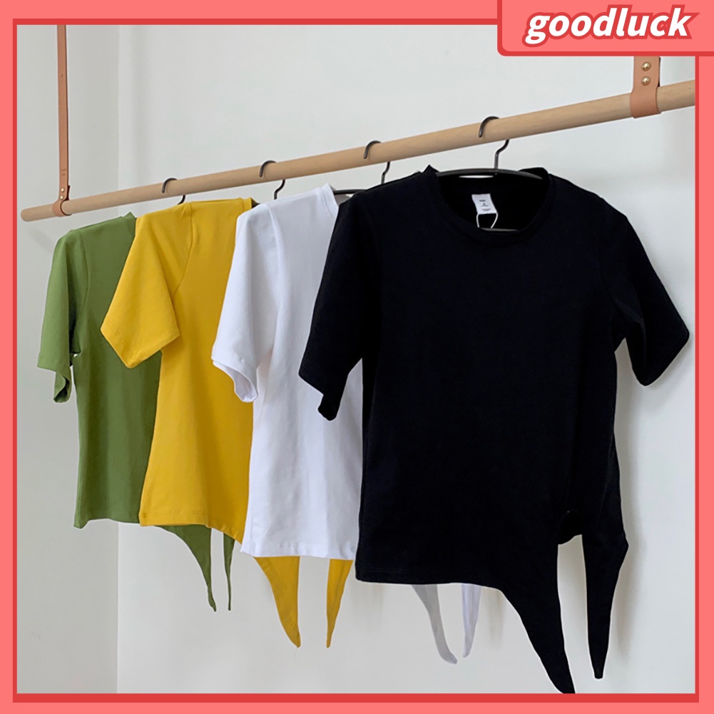 Áo Thun Tay Ngắn Cổ Tròn Màu Trơn Thắt Nút Độc Đáo Thời Trang Mùa Hè Cho Nữ