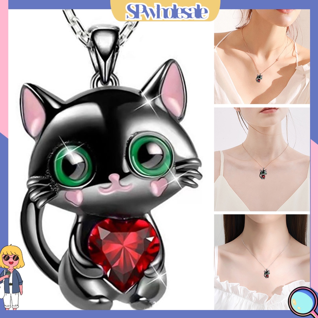 &lt; Spwholeale &gt; Vòng cổ Mặt Hình Mèo Đen Pha Lê Sáng Bóng Dễ Điều Chỉnh Phù Hợp Làm Quà Valentine Nữ