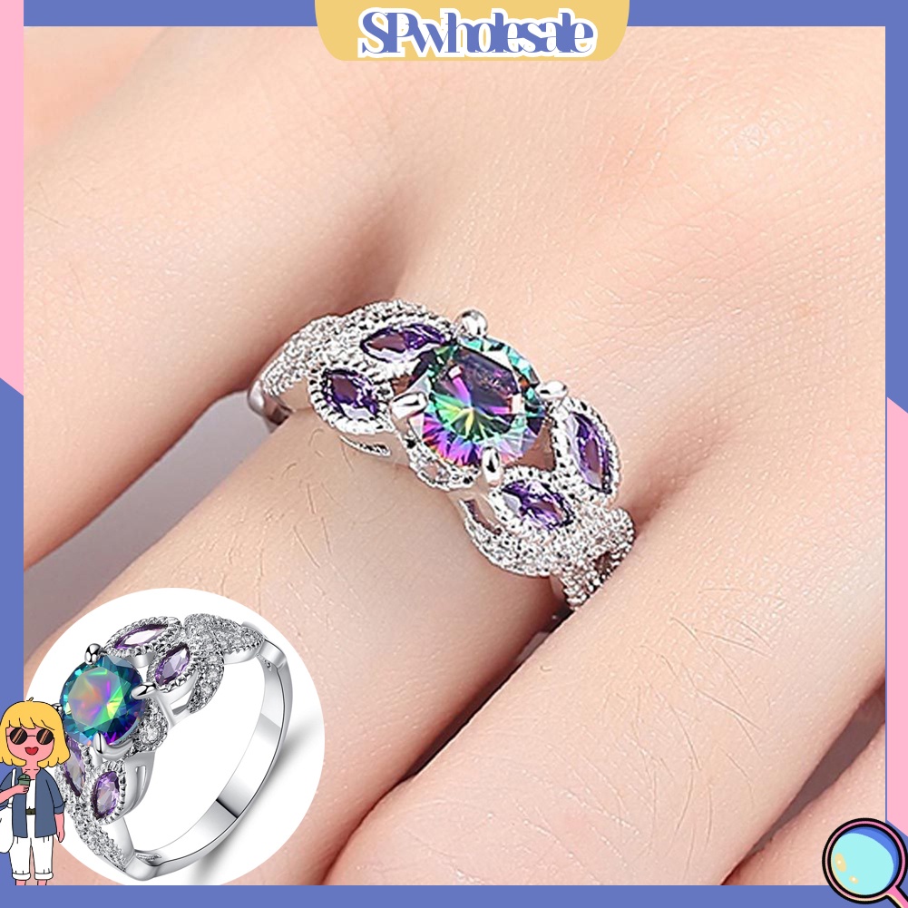 &lt;SPwholesale&gt; Nhẫn Đính Hôn Bạc Đính Đá Nhiều Màu Sắc Phong Cách Châu Âu