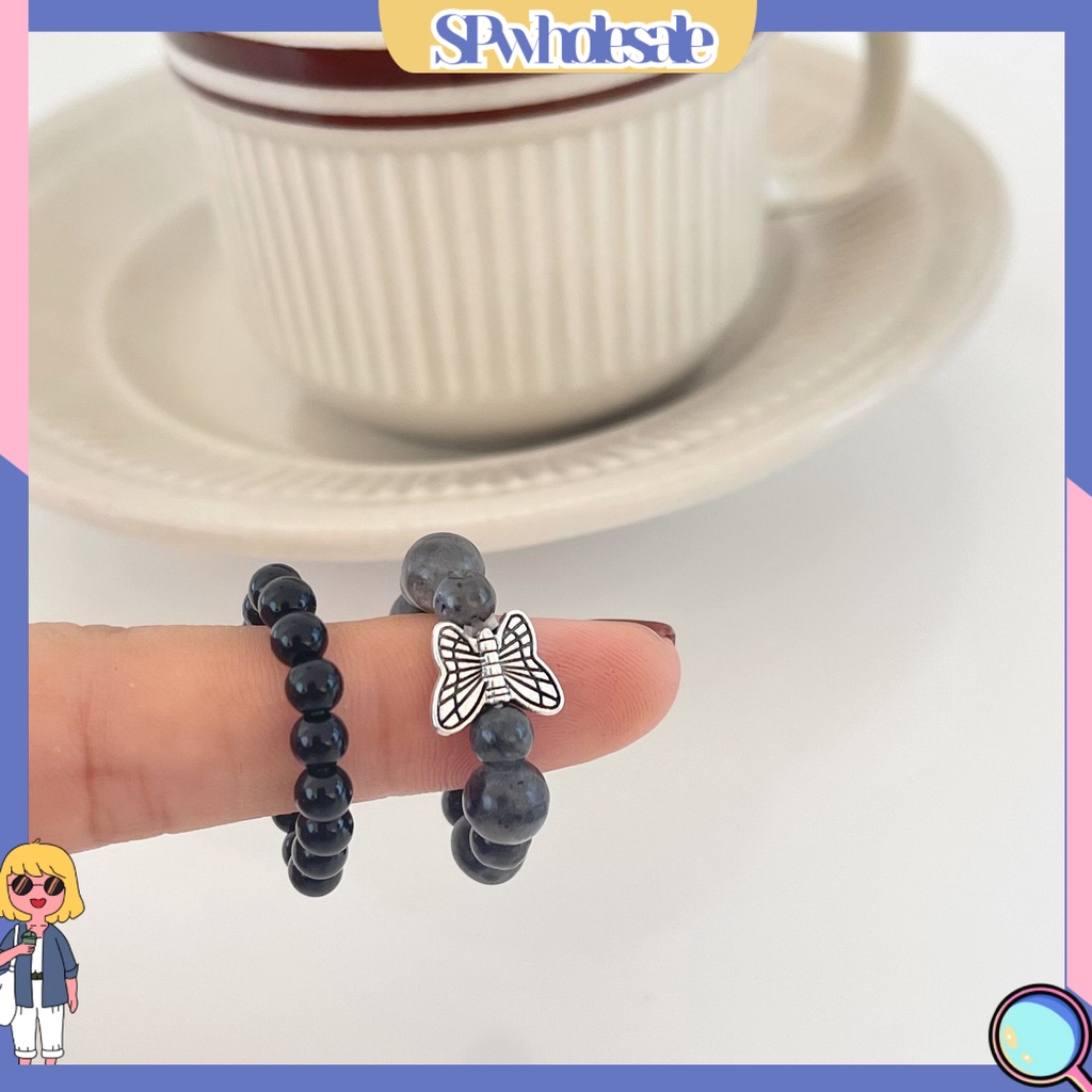 &lt;SPwholesale&gt; Set 2 Nhẫn Chuỗi Hạt Đá Tự Nhiên Hình Bướm Sáng Bóng Cá Tính Trang Trí Bề Mặt Mịn Màng