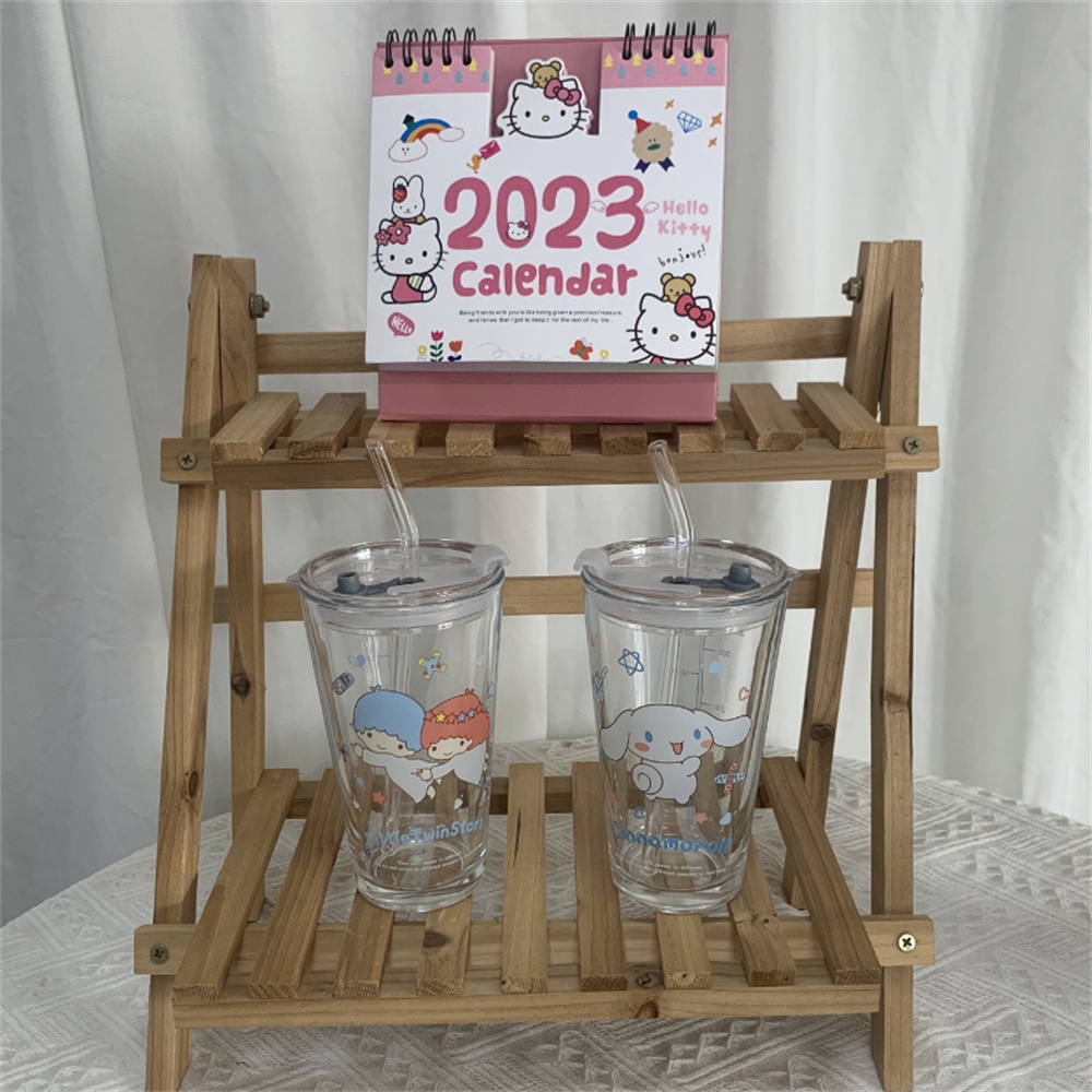 Bình Nước Thủy Tinh Có Ống Hút Họa Tiết Trái Tim Xinh