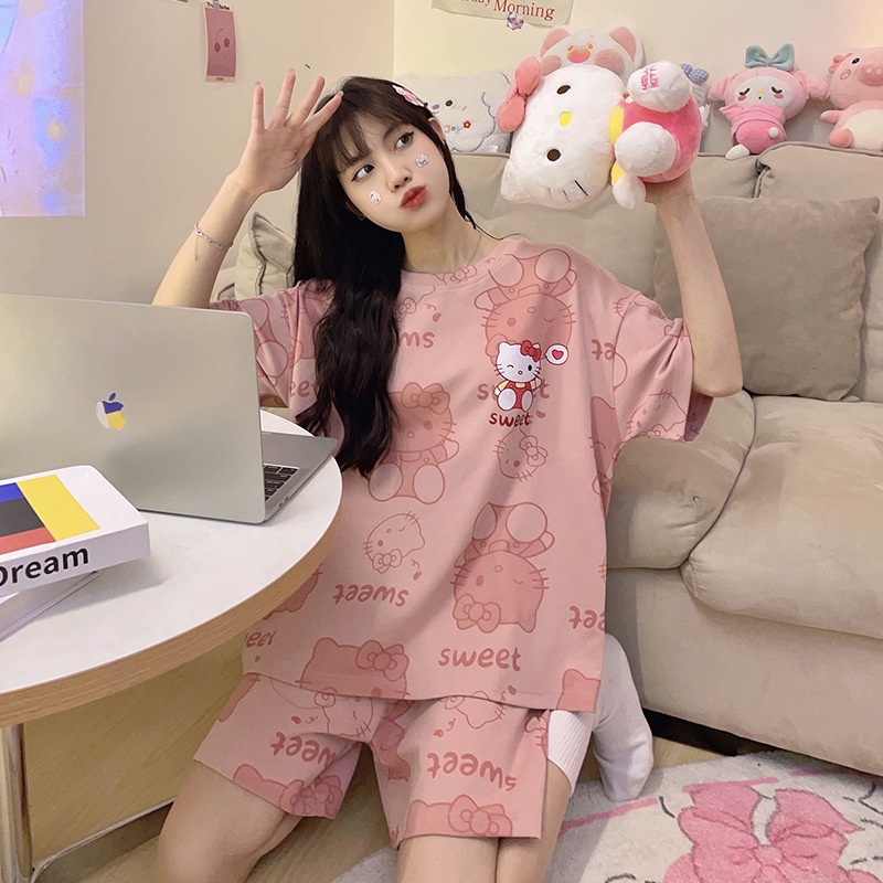 Bộ Đồ Ngủ Bằng Cotton Tay Ngắn Cổ Tròn In Hoạt Hình Dành Cho Nữ