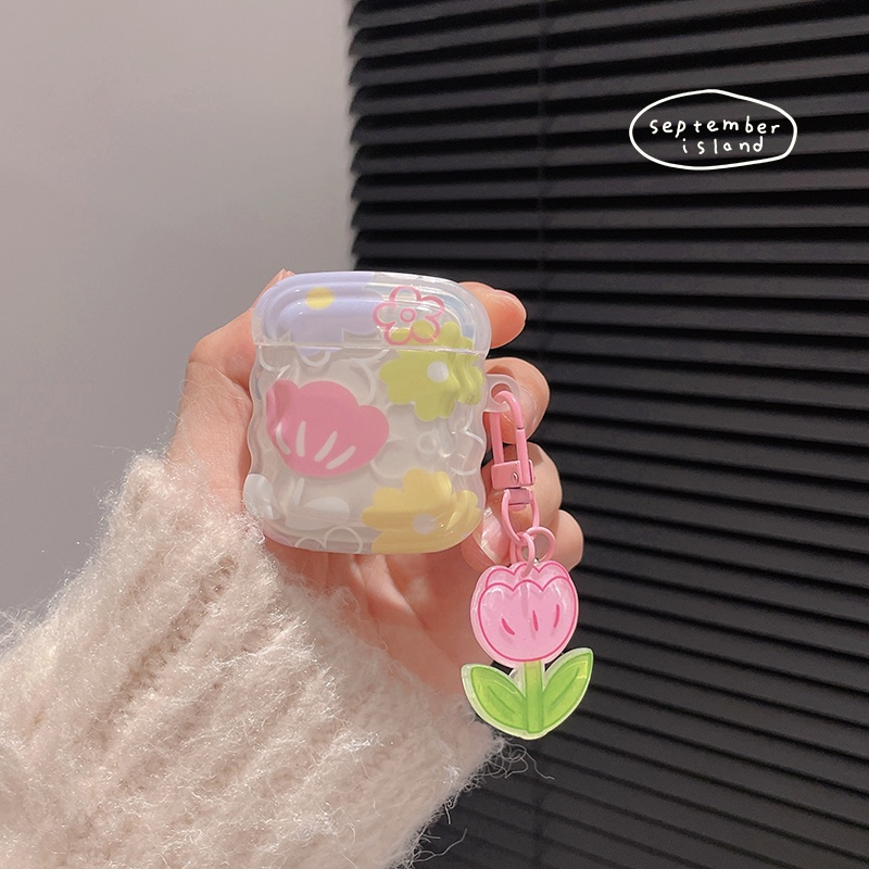 Vỏ Bảo Vệ Hộp Sạc Tai Nghe Bluetooth AirPods 1 / 2 / 3 Pro 2 Họa Tiết Hoa Phong Cách Hàn Quốc Dễ Thương Kèm Móc Khóa Tiện Dụng