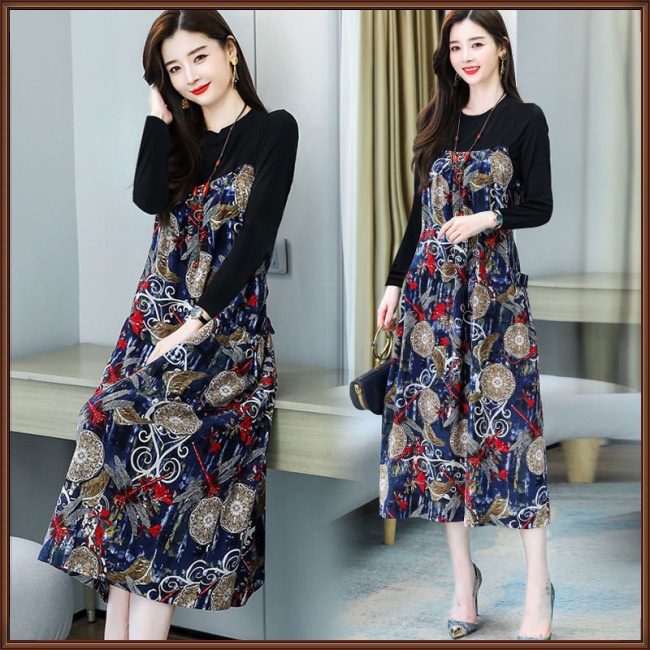 Đầm Chữ A Tay Dài Cổ Tròn Dáng Rộng In Họa Tiết Hoa Xinh Xắn Thời Trang Cho Nữ