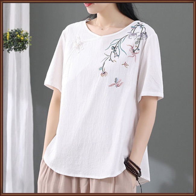 Áo Thun Tay Ngắn Cổ Tròn Thêu Họa Tiết Phong Cách Cổ Điển Thời Trang Cho Nữ