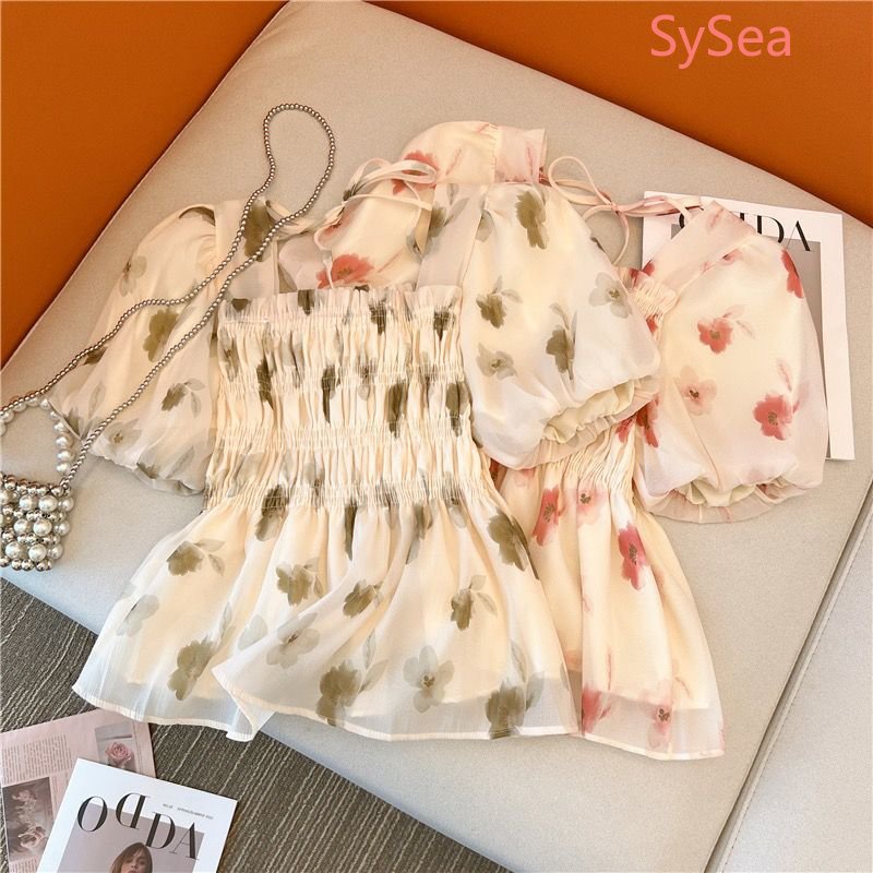 Áo Kiểu Chiffon Cổ Vuông Tay Phồng Họa Tiết Hoa Thời Trang Mùa Hè Quyến Rũ Cho Nữ