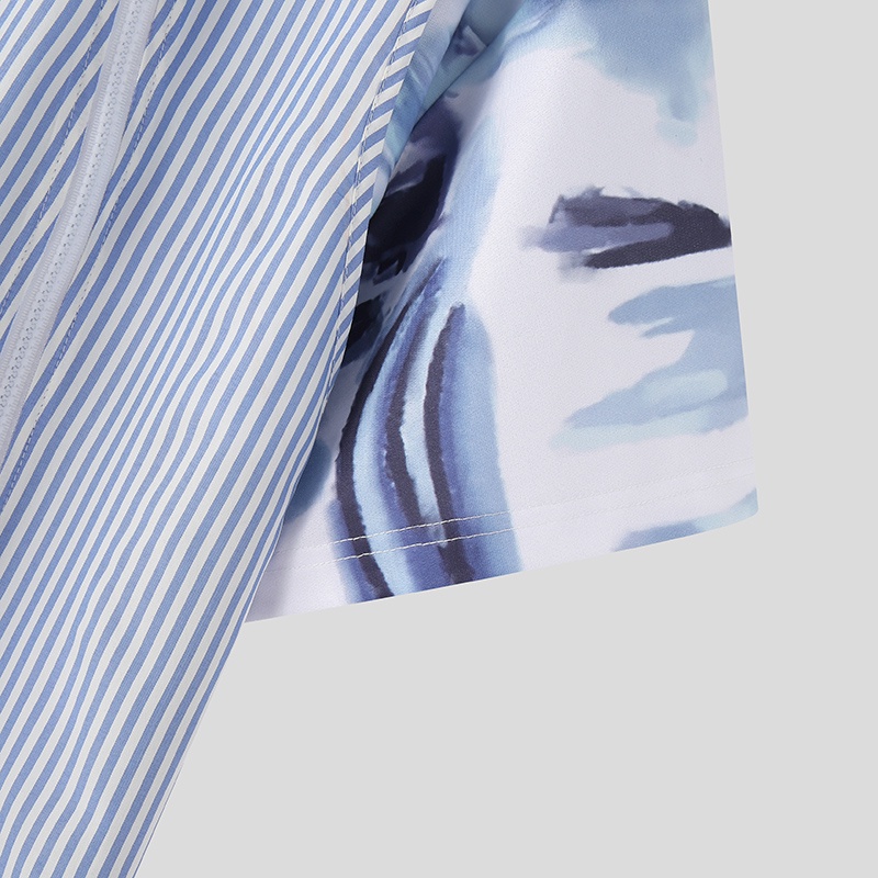 Áo kiểu INCERUN tay ngắn họa tiết kẻ sọc họa tiết phong cảnh thời trang cho nam