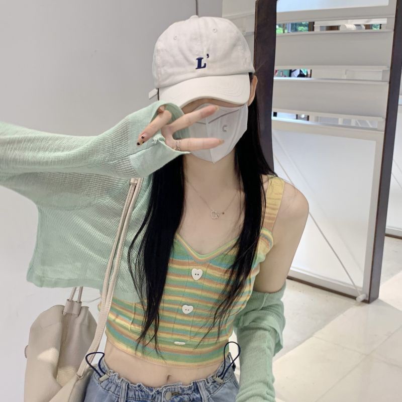 COZOK Áo Dệt Kim Sát Nách Dáng Ôm Kẻ Sọc Cầu Vồng Thời Trang Quyến Rũ