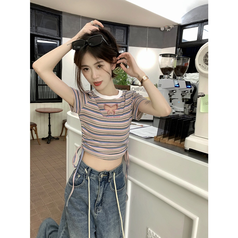 Áo Thun Ngắn Tay Khoét Lỗ Họa Tiết Sọc Hình Bướm Thời Trang Dành Cho Nữ