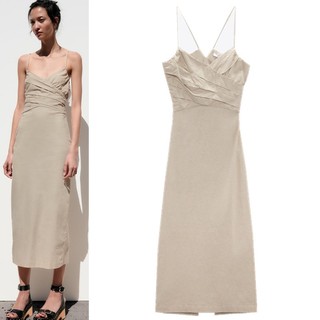 Zara Đầm Vải Lanh Mỏng Cổ V Xếp Ly Thời Trang Mùa Hè Cho Nữ 8372080