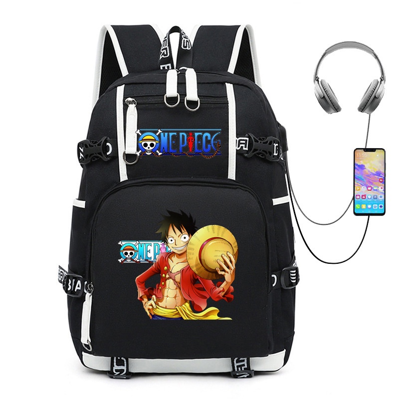 Balo Đi Học / Du Lịch Màu Đen Chống Nước In Hình ONE PIECE Monkey D Luffy Có Cổng Sạc USB Cho Tuổi Teen