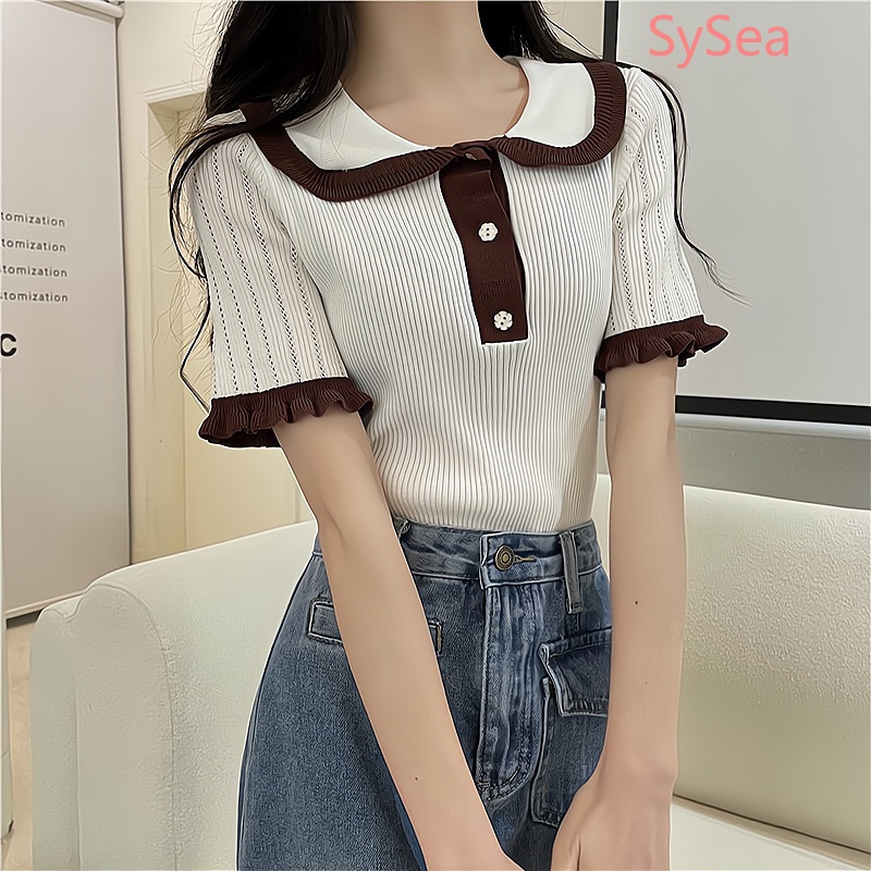 Áo Dệt Kim Cổ Búp Bê Phối Ren Thời Trang Mùa Hè Cho Nữ