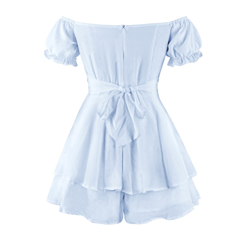 Jumpsuit Ngắn Trễ Vai Tay Phồng Phối Bèo Và Thắt Lưng Thời Trang Cho Nữ