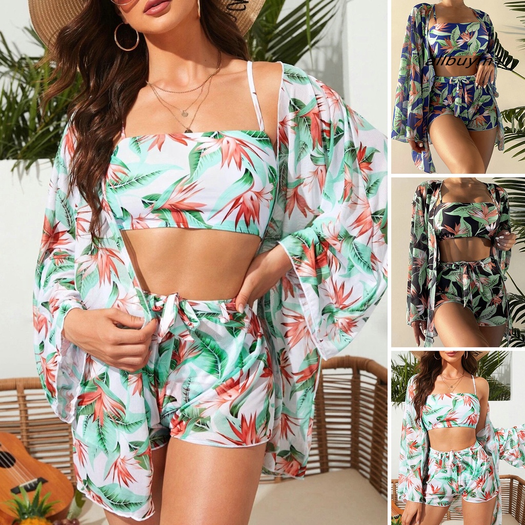 Bộ Bikini 3 Mảnh Gồm Áo Dài Tay Và Quần Short Lưng Cao In Họa Tiết Hoa Lá Có Thể Điều Chỉnh