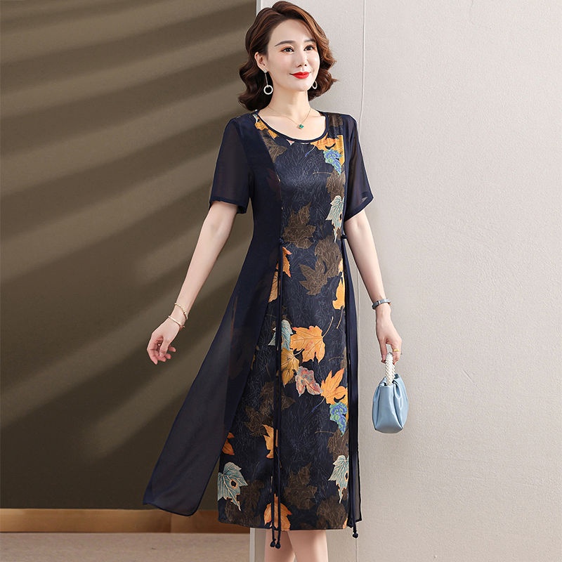 Đầm Chiffon Tay Ngắn Giả Hai Mảnh Phong Cách Phương Tây Thời Trang Mùa Hè Mới 2023 Dành Cho Phụ Nữ Trung Niên