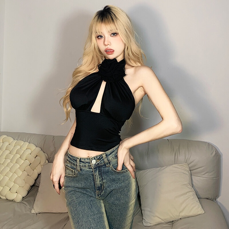 Áo Hai Dây Hở Lưng In Họa Tiết Hoa Hồng 3D Phong Cách Vintage Quyến Rũ Dành Cho Nữ