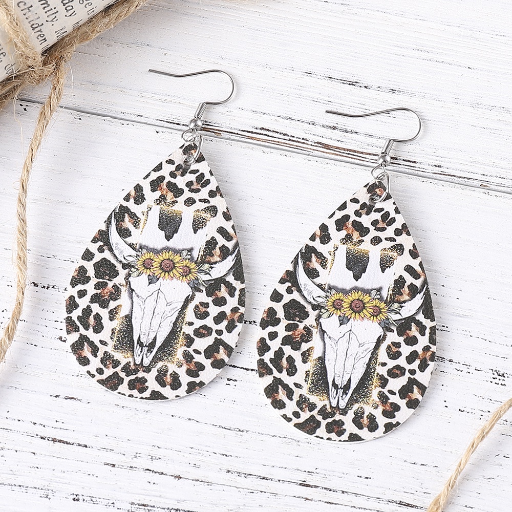 Bông Tai Da Hai Mặt Hình Giọt Nước Họa Tiết Da Báo / Hoa Hướng Dương Phong Cách Vintage