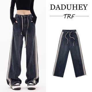 DaDuHey💕 New Korean Version of INS Striped Jeans Drawstring High Waist Wide Leg Pants Niche Large Size Trousers