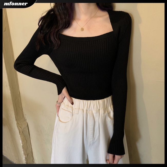 Áo Sweater Dệt Kim Tay Dài Cổ Vuông Ôm Dáng Thời Trang Cho Nữ