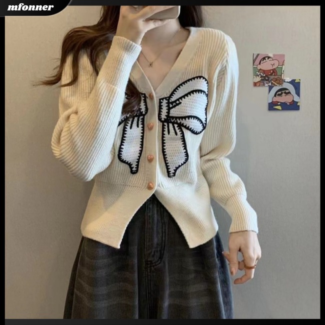 Áo Cardigan Dệt Kim Cổ V Tay Dài Đính Nơ Thời Trang Cho Nữ