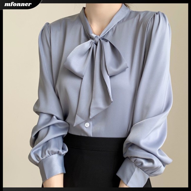 Áo Sơ Mi Voan Tay Dài Thắt Nơ Màu Sắc Thanh Lịch Cho Nữ