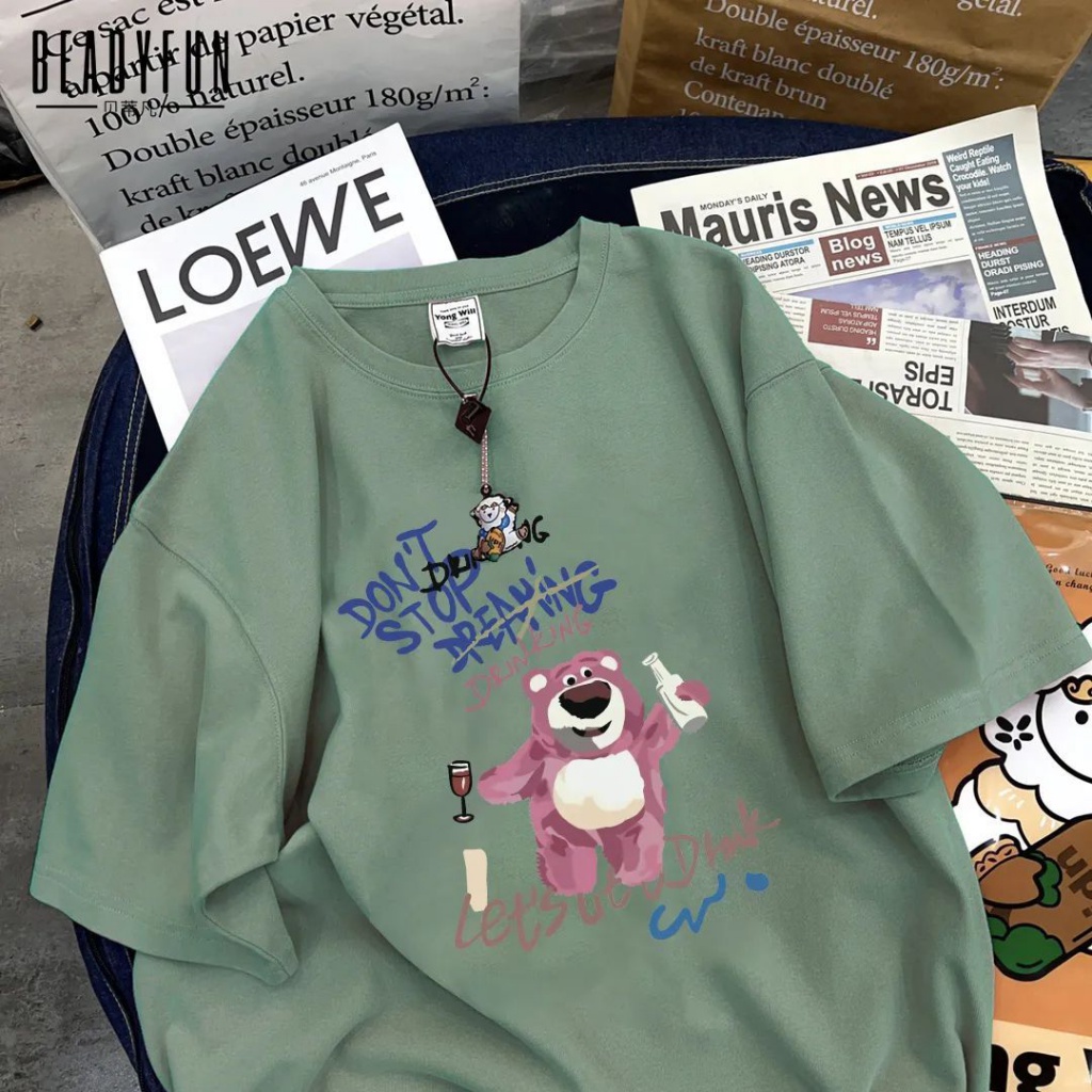 Áo Thun 100% Cotton Tay Ngắn In Hình Gấu Và Dâu Tây Phong Cách Harajuku Thời Trang Mùa Hè Hàng Mới Dành Cho Học Sinh Nam Và Nữ