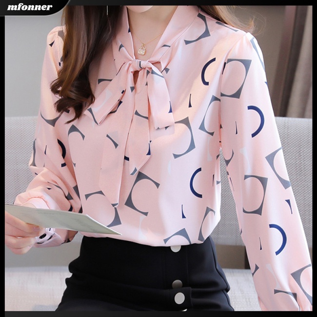 Áo Sơ Mi Chiffon Tay Dài Dáng Ôm In Họa Tiết Cổ Đính Nơ Thời Trang Cho Nữ