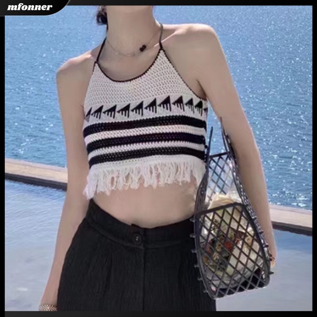 Áo Croptop Dệt Kim Phối Tua Rua Màu Tương Phản Thời Trang Mùa Hè Cho Nữ