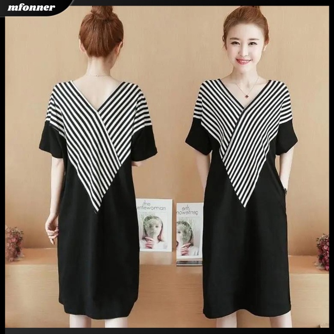 Đầm Midi Tay Ngắn Cổ Chữ V Họa Tiết Kẻ Sọc Thời Trang Cho Nữ