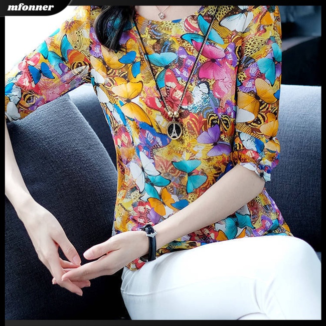 Áo Thun Tay Ngắn Cổ Tròn In Hình Bướm Thời Trang Cho Nữ