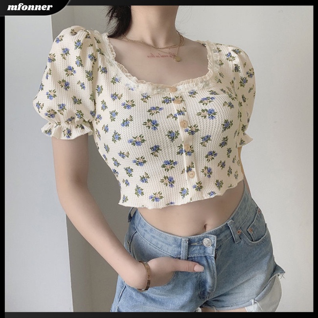 Áo Croptop Cổ Vuông Tay Phồng In Họa Tiết Hoa Phong Cách Retro Cho Nữ