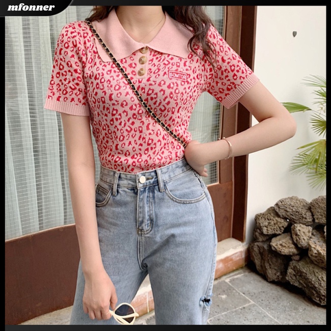 Áo Thun Cotton Ngắn Tay Họa Tiết Da Báo Màu Sắc Tương Phản Phong Cách Retro