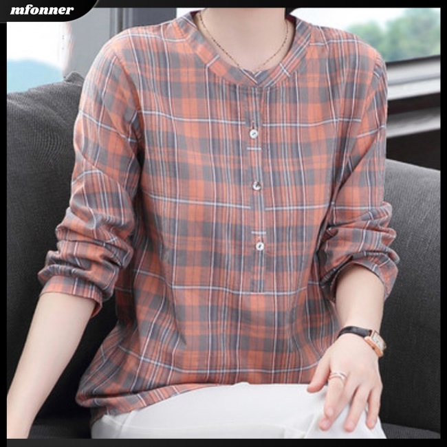 Áo Sơ Mi Cotton Lanh Tay Dài Cổ Tròn Kẻ Sọc Nhiều Màu Thoáng Khí Phong Cách Retro Cho Nữ