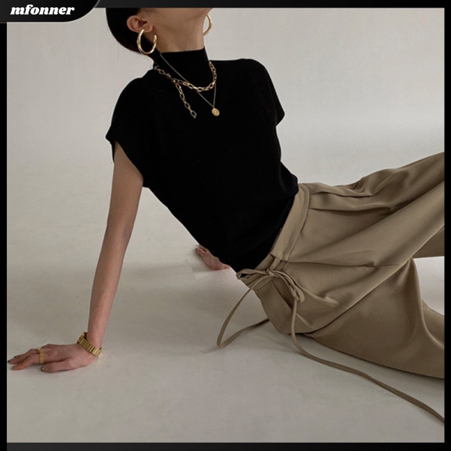 Áo Dệt Kim Nữ Ngắn Tay Cổ Cao Dáng Rộng Màu Sắc Thanh Lịch