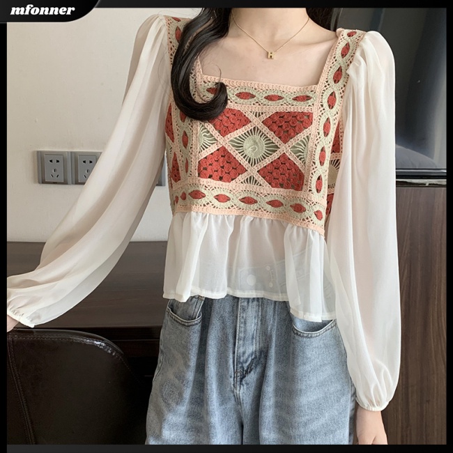 Áo Dệt Kim Chiffon Dài Tay Cổ Vuông Phối Họa Tiết Thổ Cẩm Thời Trang Cho Nữ