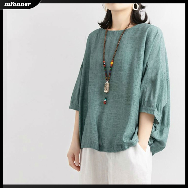 Áo Thun Cotton Lanh Tay Ngắn Dáng Rộng Màu Sắc Đơn Giản Trẻ Trung Dành Cho Nữ