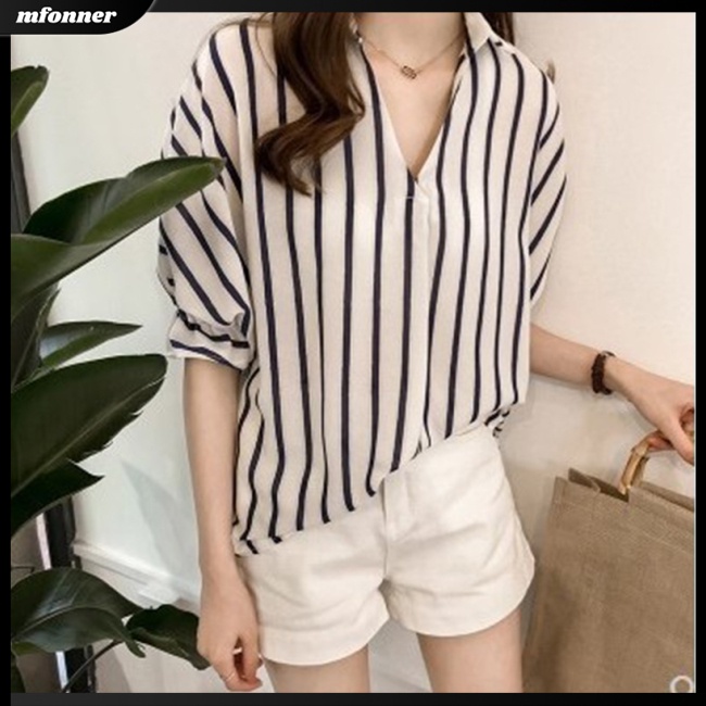 Áo Sơ Mi Chiffon Tay Lửng Dáng Rộng Họa Tiết Kẻ Sọc Thời Trang Mùa Hè Cho Nữ