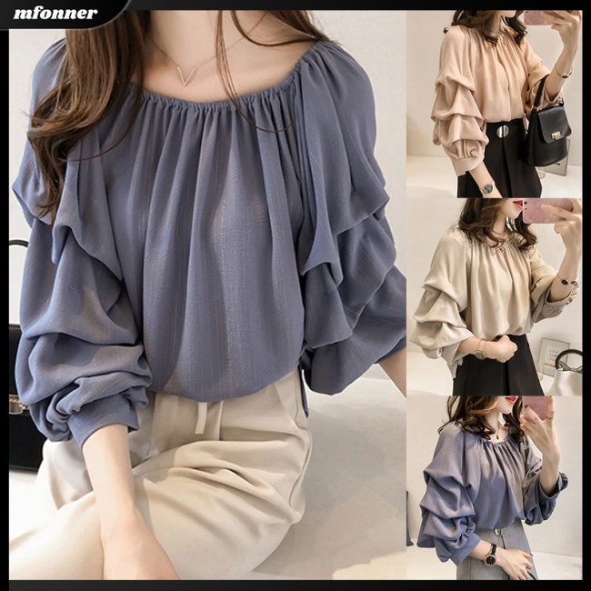 Áo Kiểu Trễ Vai Tay Phồng Màu Sắc Trơn Thời Trang Mùa Hè Cho Nữ