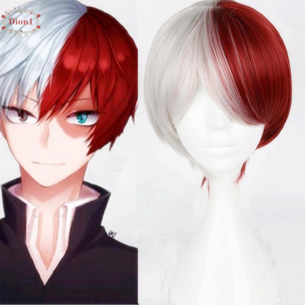 DION1 My Hero Academia Wig White And Red Short Synthetic Hair Costume Todoroki Shoto Full Wigs