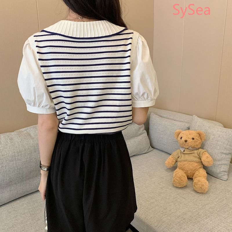 Áo Sơ Mi Dệt Kim Tay Phồng Họa Tiết Kẻ Sọc Thời Trang Mùa Hè Cho Nữ