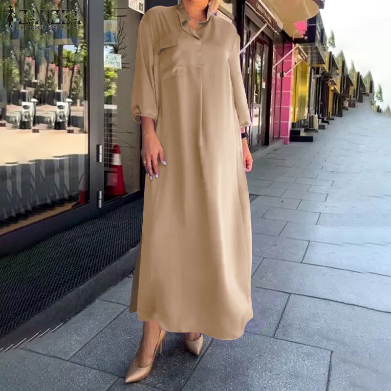 Đầm satin ZANZEA dài tay cổ đứng xẻ tà có túi thời trang cho nữ