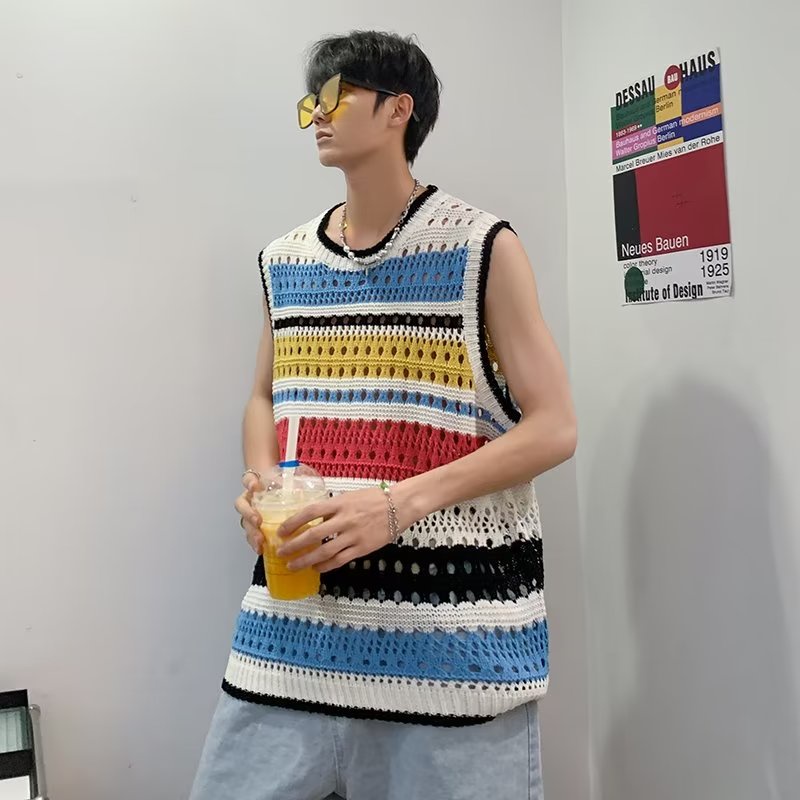 Áo Ba Lỗ Dệt Kim Vải Len Cổ Tròn Dáng Rộng Phong Cách Harajuku Trẻ Trung Thời Trang Mùa Hè Mới Cho Nam