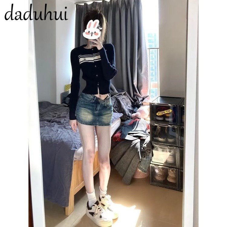 Daduhui New American Style Retro Washed Yellow Mud Denim Skirt High Waist Niche A- line Skirt Bag Hip Skirt