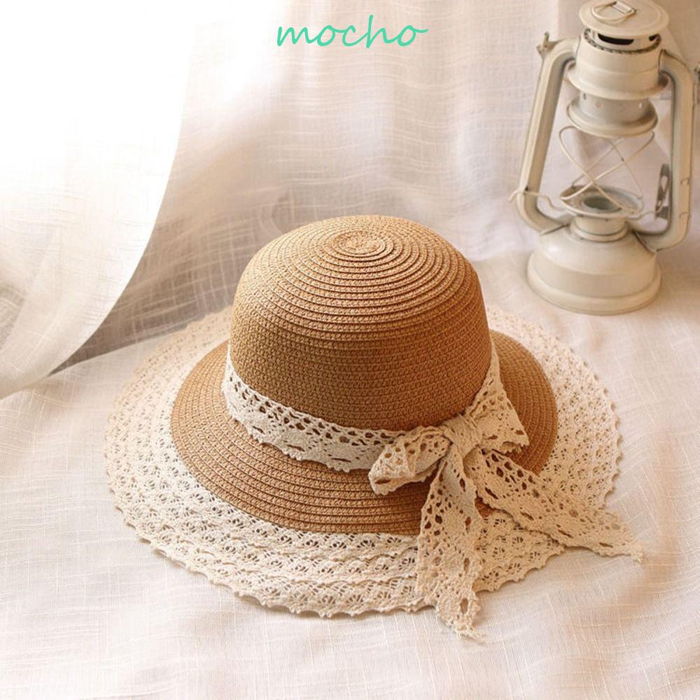 Mũ Cói Chống Nắng Thắt Nơ Phối Ren Ruy Băng Thời Trang Đi Biển Phong Cách Anh Quốc Cho Nữ