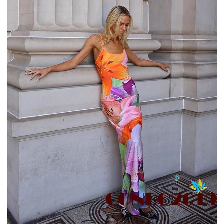 Đầm Dài Hai Dây Hở Lưng Khoét Sâu Họa Tiết Hoa Thời Trang Mùa Hè Cho Nữ