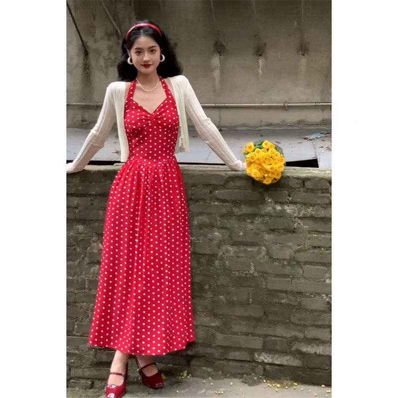 Đầm Hai Dây Ôm Eo Họa Tiết Chấm Bi Màu Đỏ Phong Cách Cổ Điển Thời Trang Mùa Hè Cho Nữ